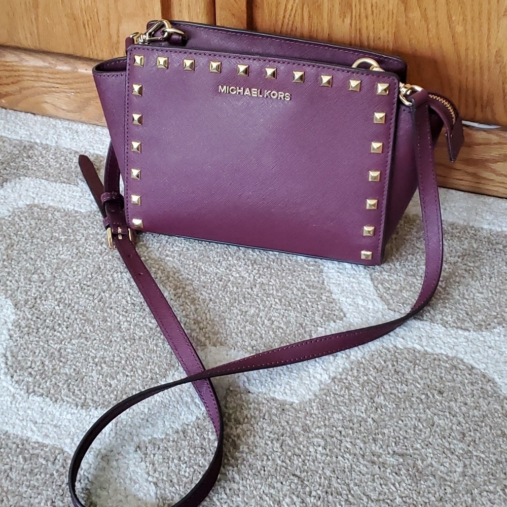 Michael Kors purple leather gold stud purse